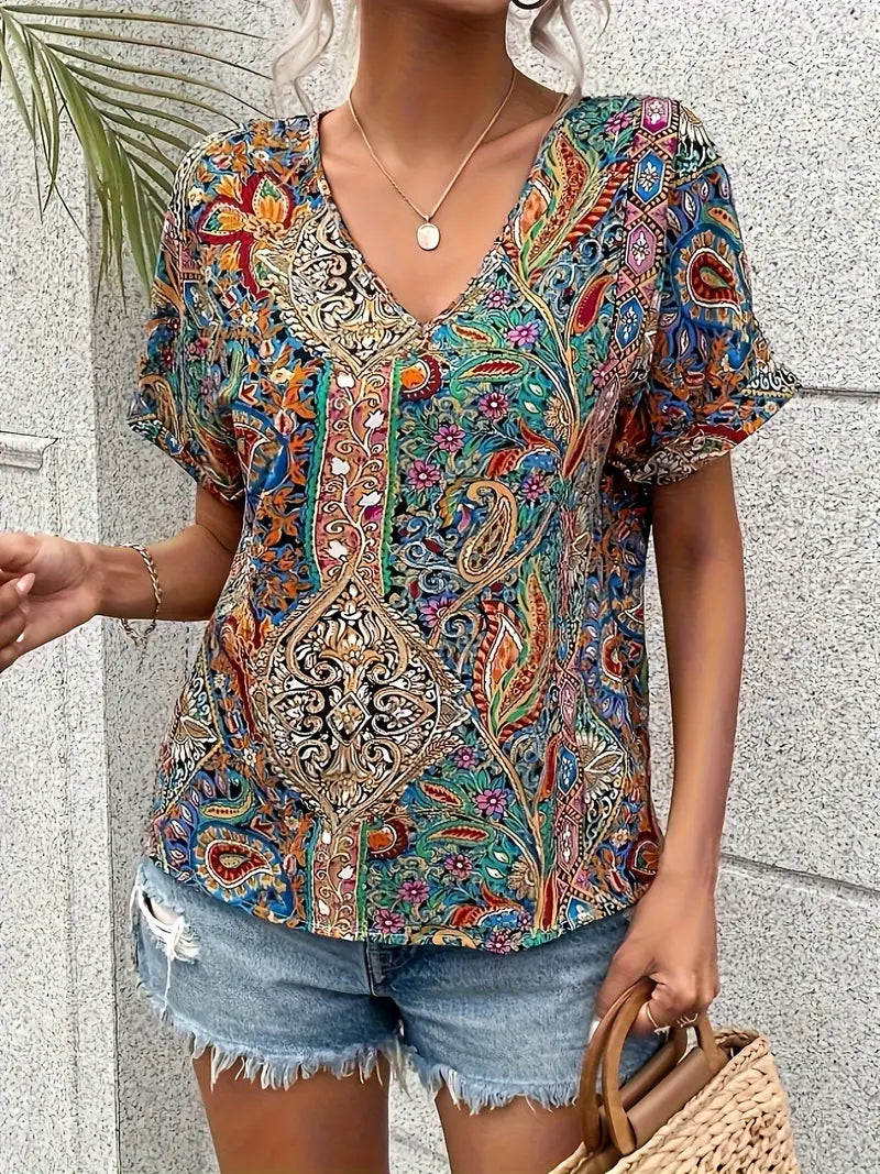 Chemisier Femme Chic Imprimé Paisley Col en V Léger Polyester-2