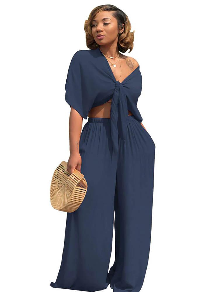 Ensemble pantalon droit et top court avec nœud papillon