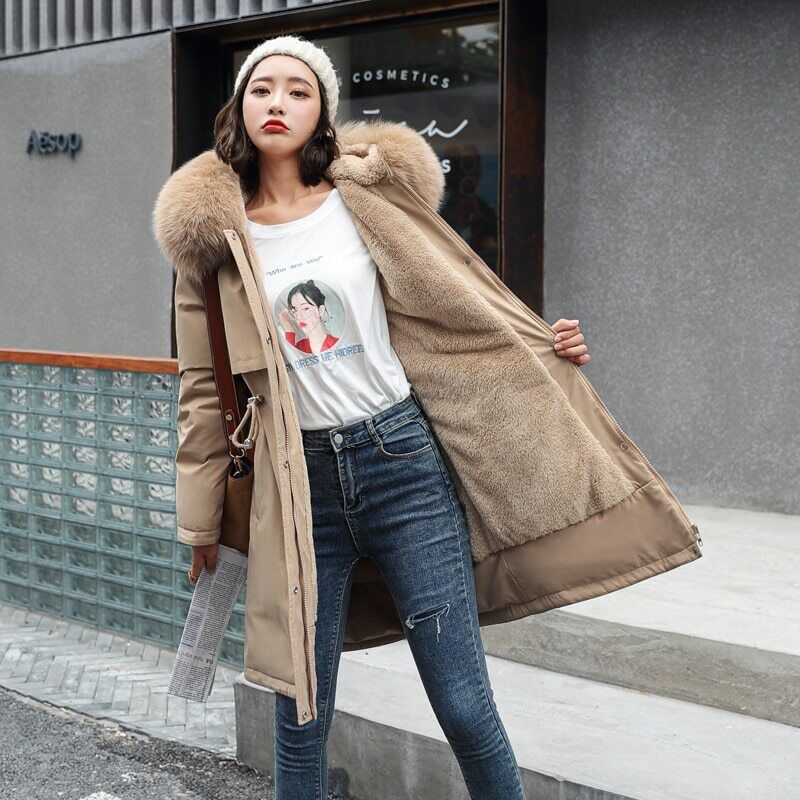 Parka à capuche avec col en fourrure pour femme