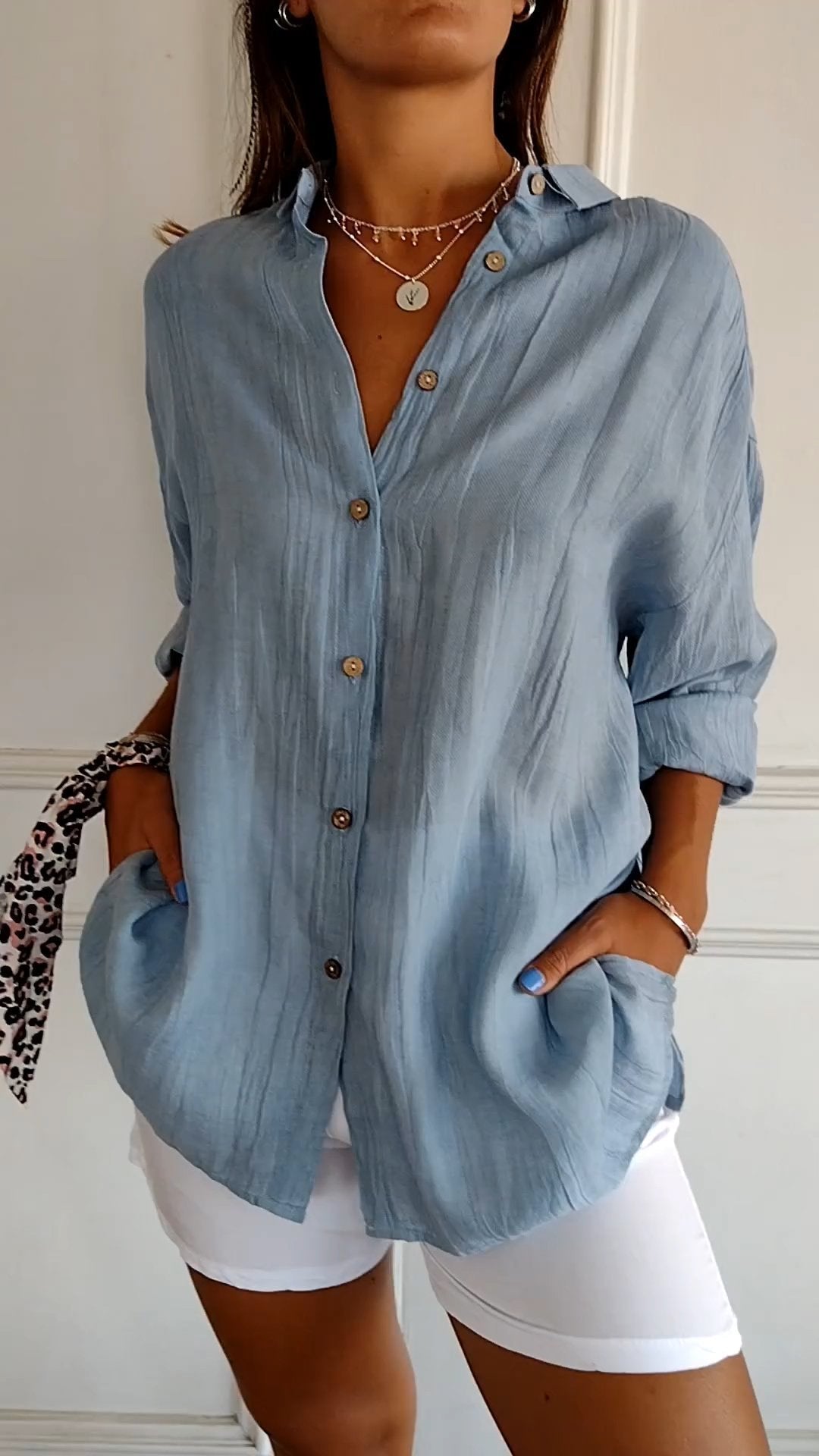 Chemise Femme Élégante Plissée en Polyester Chic-1