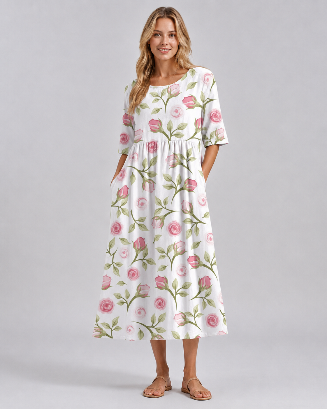 Robe Femme Midi Décontractée à Fleurs