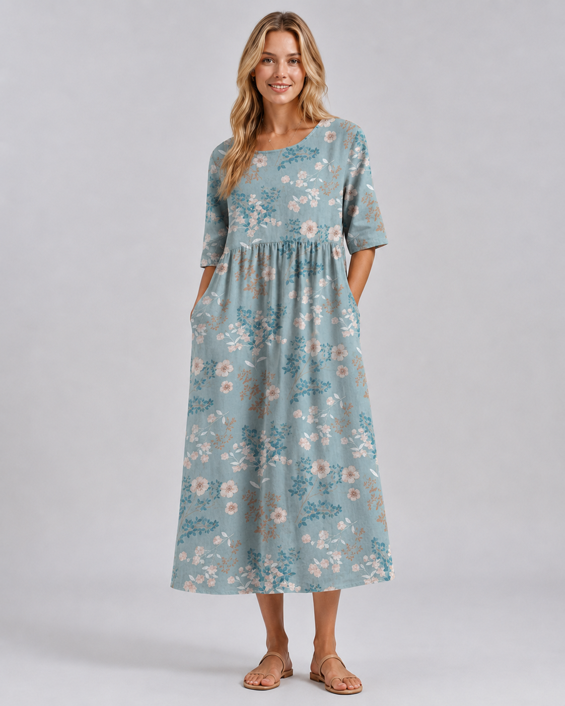 Robe Femme Midi Décontractée à Fleurs