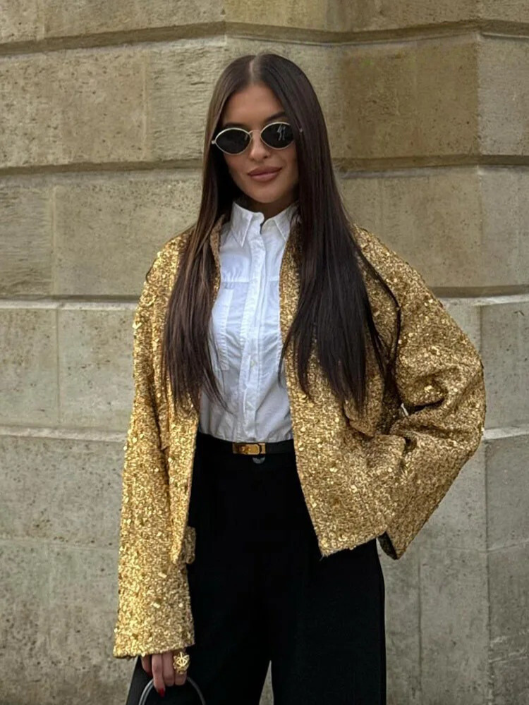 Veste à paillettes dorées pour femmes