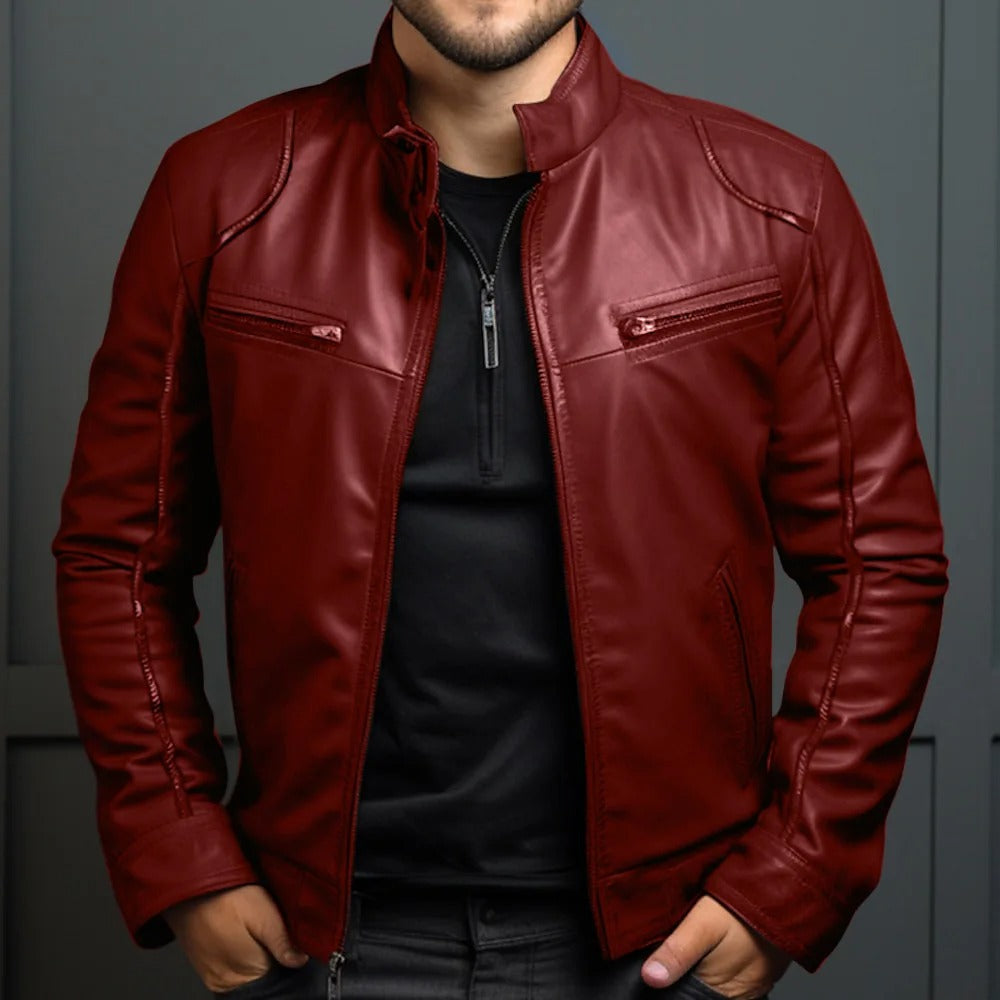 Veste en cuir à col montant pour hommes