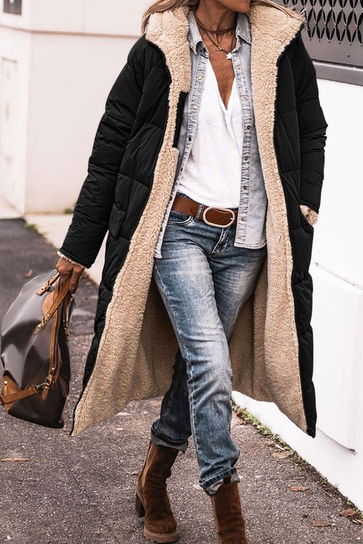 Manteau Long Femme Noir Puffer Doublure Fausse Fourrure Polyester-1