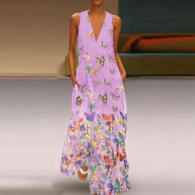 Robe longue sans manches à imprimé papillon