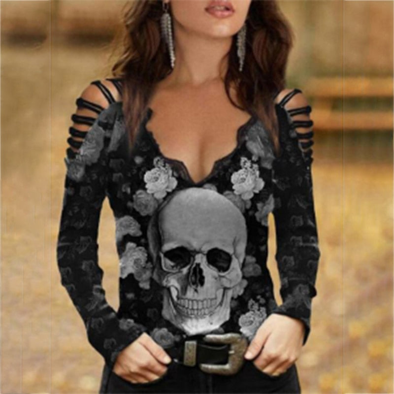 Top sexy en dentelle imprimé tête de mort