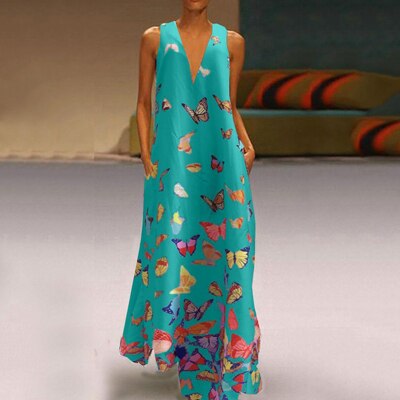 Robe longue sans manches à imprimé papillon