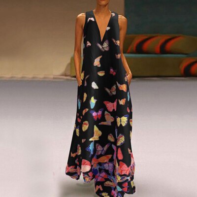 Robe longue sans manches à imprimé papillon