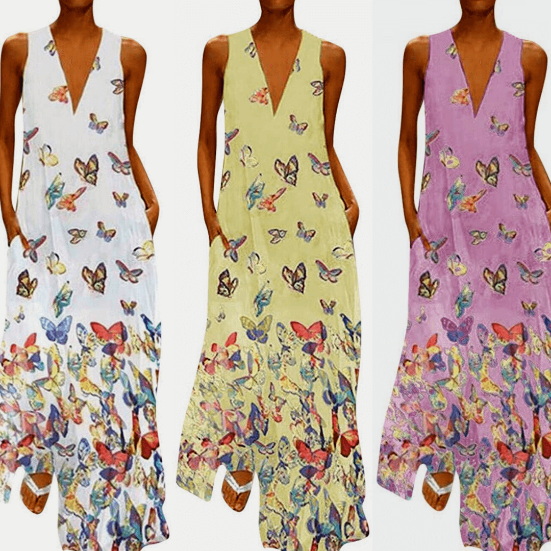 Robe longue sans manches à imprimé papillon